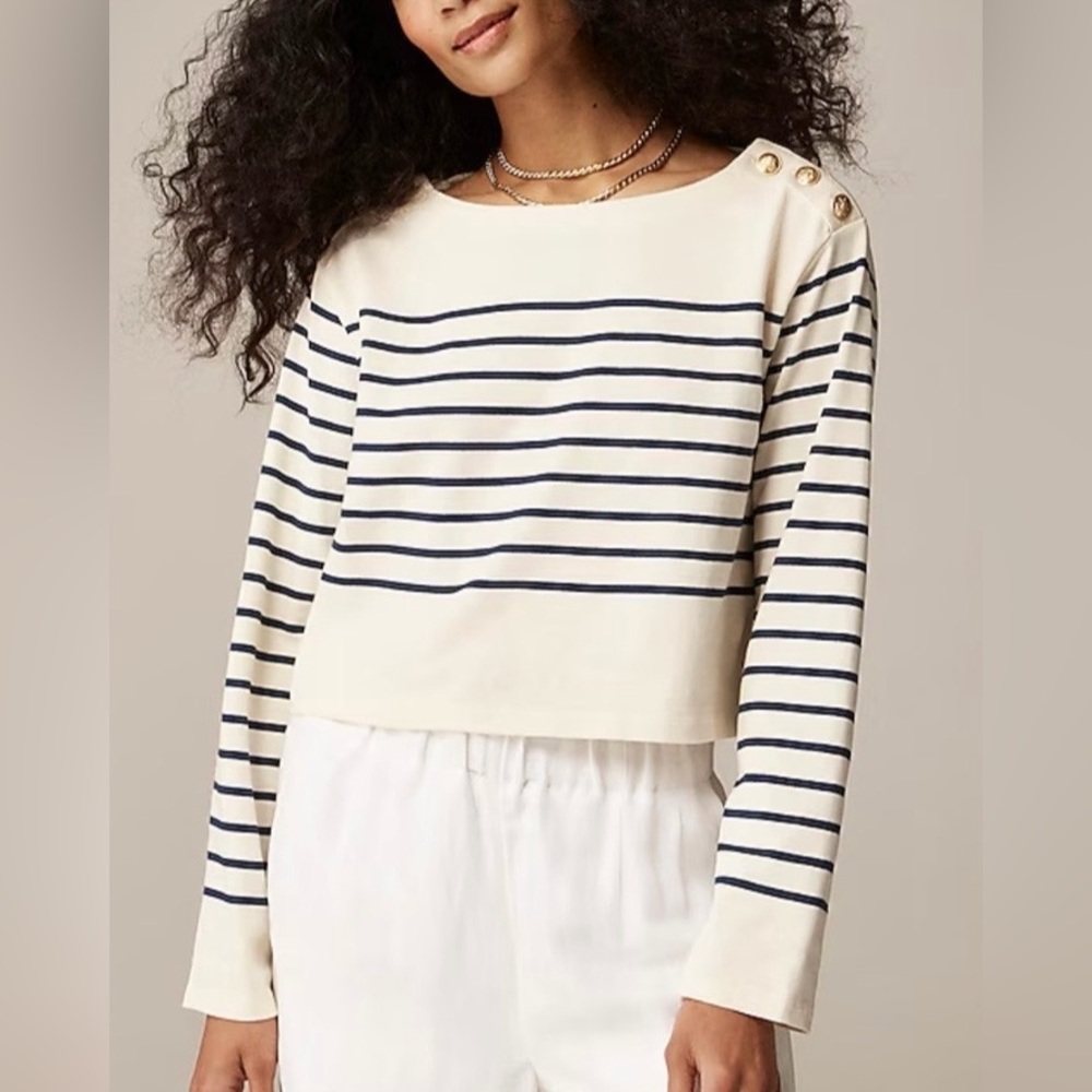 NWT - J Crew Cropped Boatneck Striped Long Sleeve Top Cotton - Cream - XXL